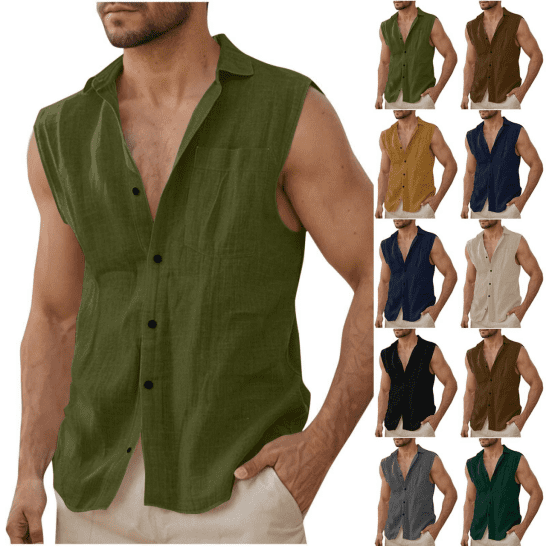 BiZtdJrK Linen Shirts for Men Summer Sleeveless Beach Shirts Casual Button Up Laple Tank Tops Solid Color Vacation Vest with Pocket Brown XL