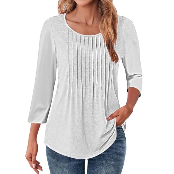 Items Casual Crewneck Tops Tshirt 3/4 Length Sleeve Womens Tops Summer Blouses 2025 Pleated Front Tunic Tops Tee Shirt Floral Print Clothes Womens Summer Tops