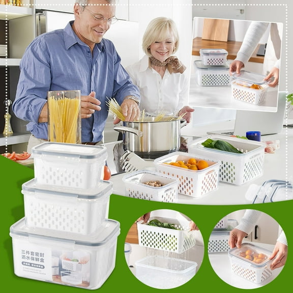 Fruit & Vegetable Storage Containers for Fridge, 3-in-1 Fresh Produce Organizer, Draining Fresh Container with Lid, Large Produce Storage for Fridge
