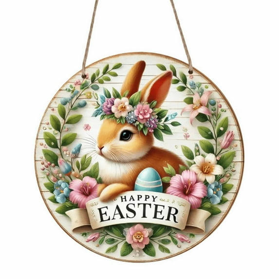 Clearance Items Happy Easter Wooden Hanging Sign, Colorful Eggs and Bunny Door Decoration, 7.8” Rustic Easter Wreath Sign for Front Door, Perfect for Spring Holiday Decor