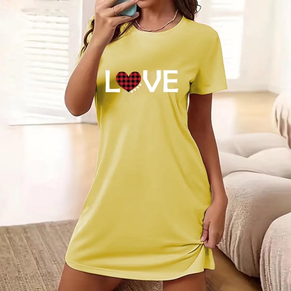 LADIGASU Women's Oversized Short Nightgown Fashion Chest Print Short Sleeve Nightdress