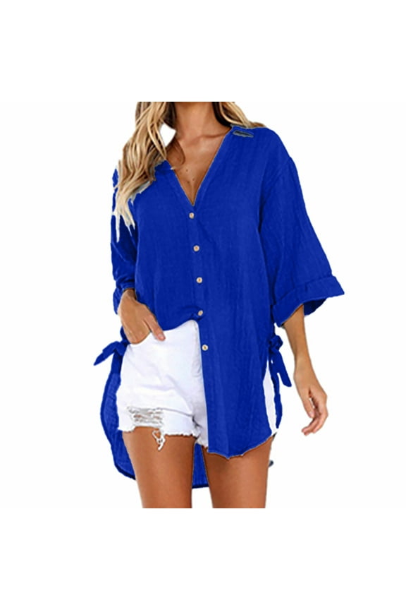 Side Tie Tops for Women Plus Size M-5X 3/4 Sleeve Shirts Button-Down Collared Lightweight Linen Sun Protection High Low Hem Blouses