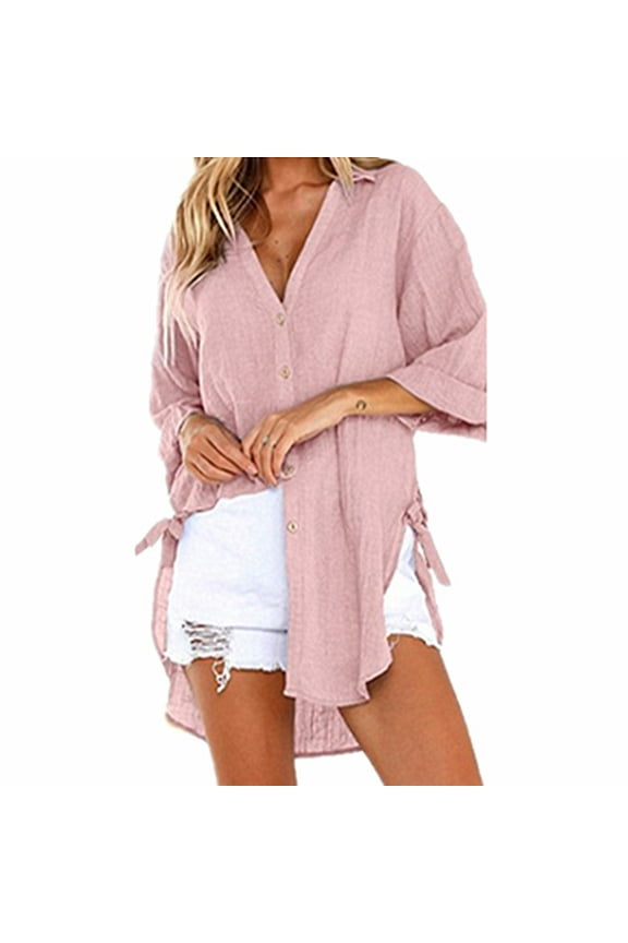 Side Tie Tops for Women Plus Size M-5X 3/4 Sleeve Shirts Button-Down Collared Lightweight Linen Sun Protection High Low Hem Blouses