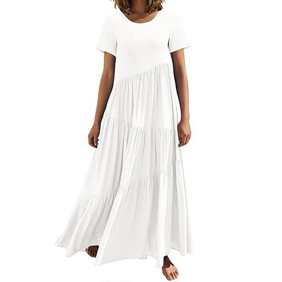 Clearance Items! Wedding Guest Dress,Women's Summer Fashion Loose Long Dress Short Sleeve Round-Neck Asymmetric Layered Beach Long Dress,Flowy & Comfortable for Beach Days