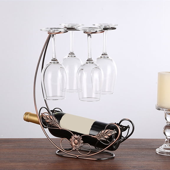 Miayilima Wine & Glass Racks Wine Holder Stand &Kitchen Tabletop Decoration,Metal Wine Bottle Rack for Holds 1 Bottle 4 Glasses,1Pc Wine Rack
