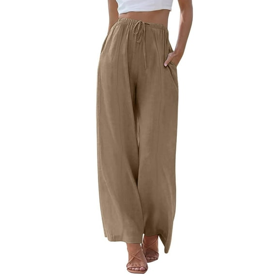 Clothing 2025 Women's Casual Pants Linen Pants Women Summer Wide Leg Pants Drawstring Elastic Waist Pants High Waisted Pants Casual Beach Trousers Women Blendingpants