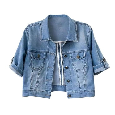 Clearance Items Women's Denim Jackets Women's 3/4 Sleeve Colored Cropped Denim Jacket Light Wash Short Jean Jacket Trucker Coat