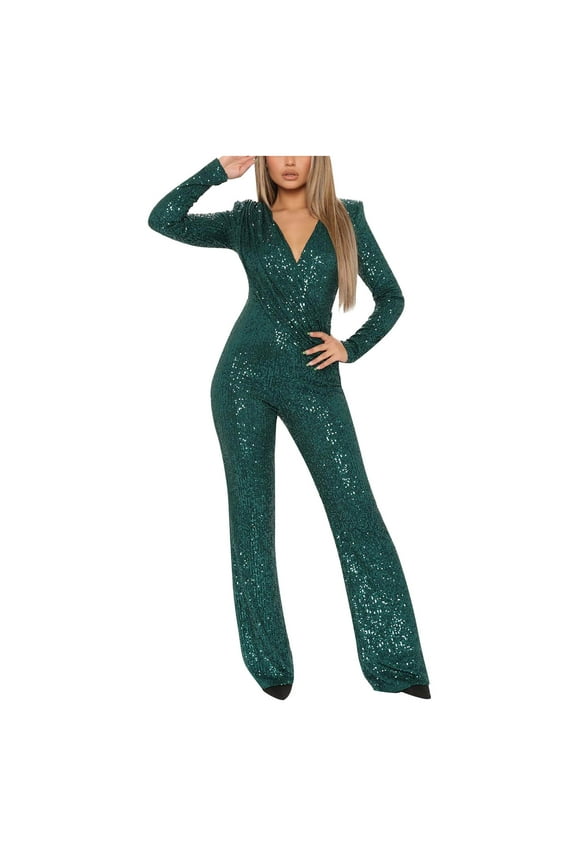 Clearance Items Womens Pants Straight Leg Trousers Long Sleeved V Neck Jumpsuit Stretch Slacks Wide Leg Pants Sequin Trousers Baggy Pants Slim Fit Stage Jumpsuit Magic Slacks