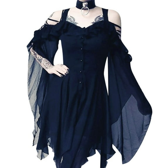 Clearance Items! Zpanxa Plus Size Dress for Women Fashion Ruffle Sleeves Off Shoulder Gothic Midi Dress Maxi Skirt Navy 3XL