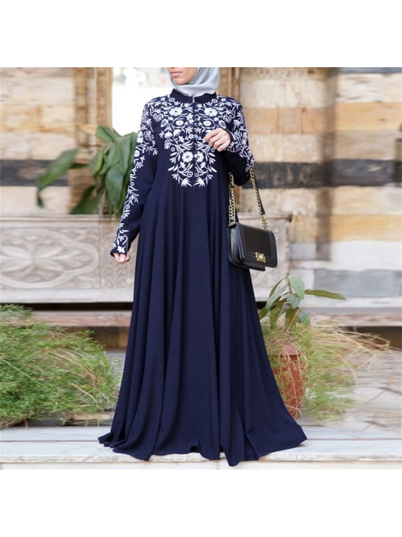 Clearance Items! Zpanxa Plus Size Dress for Women Muslim Dress Kaftan Arab Jilbab Abaya Islamic Lace Stitching Maxi Dress Maxi Skirt Blue 4XL