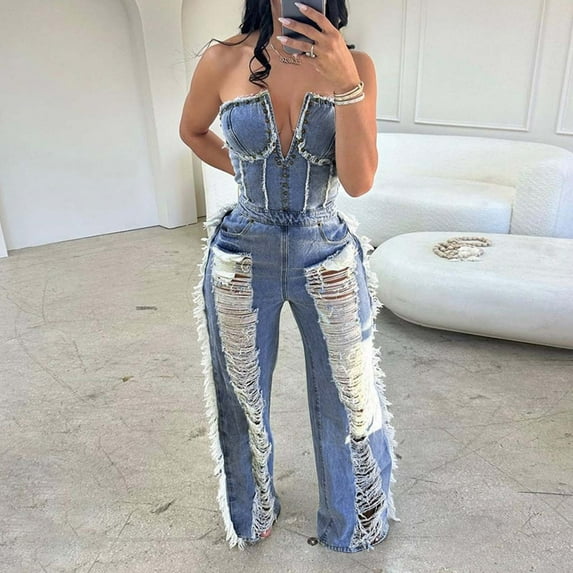 Clearance Items under $5 Black and Friday GaThRRgYP Jeans for Women,Women's Unique Sexy Hollowed Out Ripped Zipper Long Breast Wrapped Denim Jumpsuit