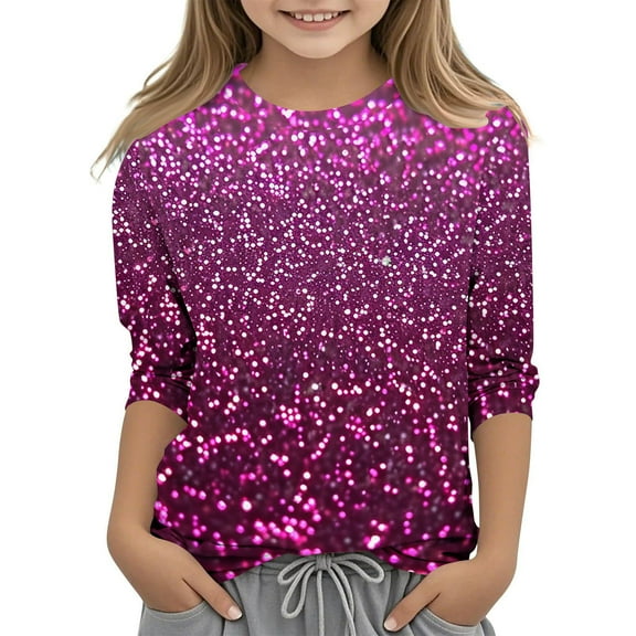Iyufng Girls Shirts,Sequin Gradient Print Casual Shiny 3/4 Sleeve Crew Neck T-Shirts Children's Tops Pullover Base Trendy Comfort Tees