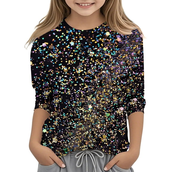 Iyufng Girls Shirts,Sequin Gradient Print Casual Shiny 3/4 Sleeve Crew Neck T-Shirts Children's Tops Pullover Base Trendy Comfort Tees