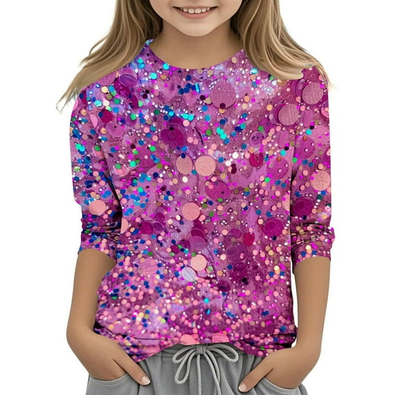 Iyufng Girls Shirts,Sequin Gradient Print Casual Shiny 3/4 Sleeve Crew Neck T-Shirts Children's Tops Pullover Base Trendy Comfort Tees