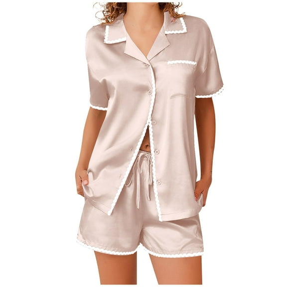 Iyufng Pajama Sets for Women Shorts Satin,Loungewear Sets,Casual Turndown Collar Solid Button Down Short Sleeve Fashion Short Pants Sleepwear Sets,Homewear Sets,S-XXL