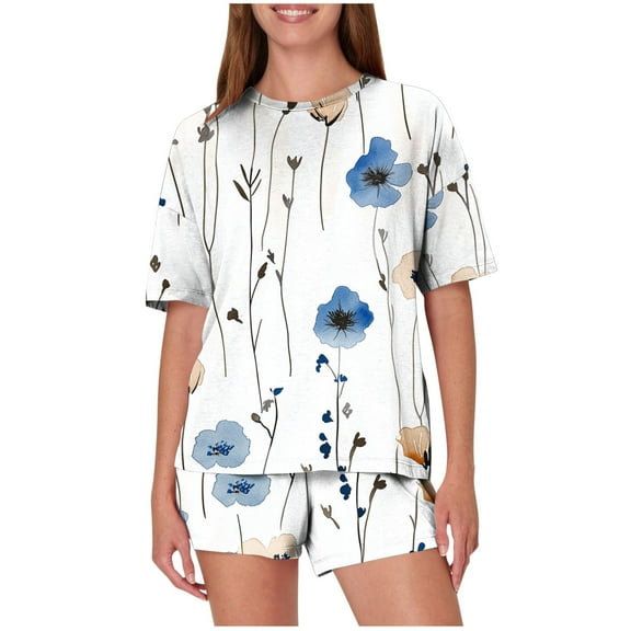 Iyufng Womens Pajamas Shorts Set,Loungewear Sets Summer,Casual Loose Printing Round Neck Short Sleeved Shorts Pajamas Suit,Women Homewear Lounge Sets,S-XXL