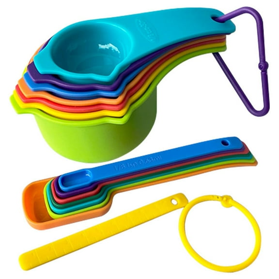 Clearance! JATOK Plastic Measuring Cups and Spoons Set Measuring Cups Set with Spout & Leveler 15 Pcs Colorful Kitchen Measuring Tool Measure Cup for Cooking & Baking