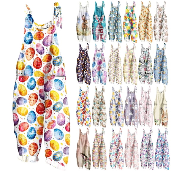 Clearance, JURANMO Happy Easter Day Women's Jumpsuits Summer Cotton Linen Casual Sleeveless Rompers & Overalls Loose Fit Spaghetti Strap Wide Leg One Piece Pants Multicolor XL