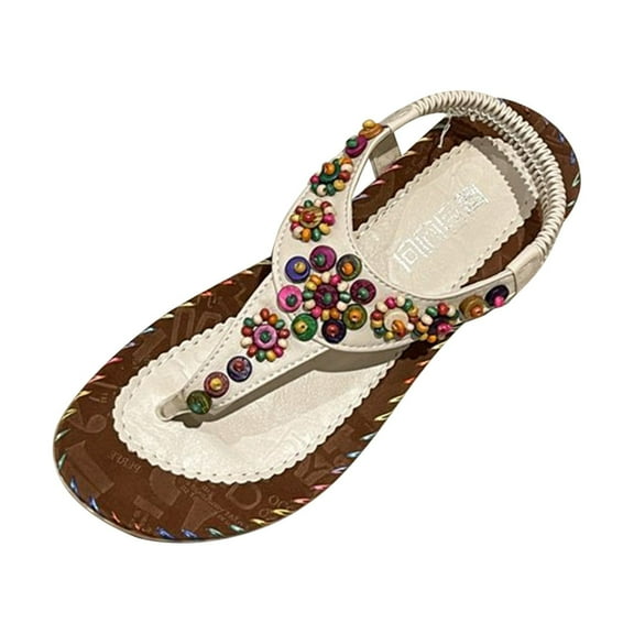 JeashCHAT Dressy Flat Sandals for Women Summer Comfortable Ankle Strap Boho Rhinestone T-Strap Slip On Thong Flat Sandals