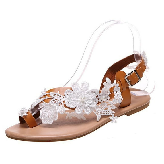 JeashCHAT Sandals Women Clip Toe Lace Flower Pearl Open Toe Casual Shoes Slip-On Flats Comfortable Toe Ring Sandal for Summer Beach Wedding