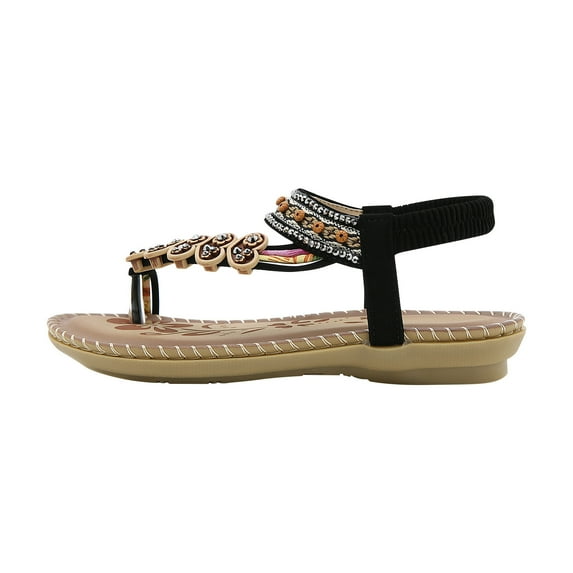 Clearance JeashCHAT Sandals Women Flat Dressy Sandal Summer Comfortable Toe Ring Elastic Ankle Strap Slip On Casual Beach Shoes Dress Bohemian Flower Rhinestone Thong Sandals