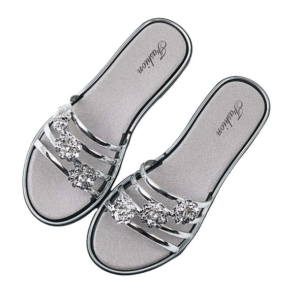 JeashCHAT Sandals for Women, Slide Sandals Women's Outerwear Summer Round Toe Slippers Fashion Flower Beach Shoes Sandals Flat Casual Flip-flops (Silver)