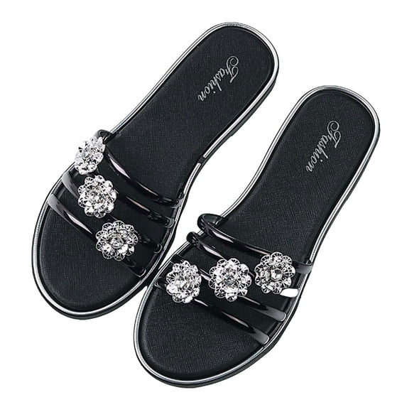 JeashCHAT Sandals for Women, Slide Sandals Women's Outerwear Summer Round Toe Slippers Fashion Flower Beach Shoes Sandals Flat Casual Flip-flops (Black)