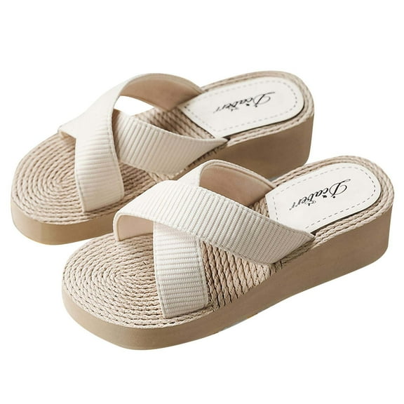 JeashCHAT Sandals for Women, Slide Sandals Summer Ladies Grass Slippers High Heel Beach Shoes Strap Slippers (Beige)