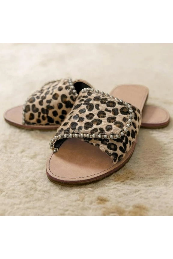 Sandals for Women, Slide Sandals Women's Ladies Fashion Casual Flat Leopard Shoes Slippers Peep Toe Sandals (White)