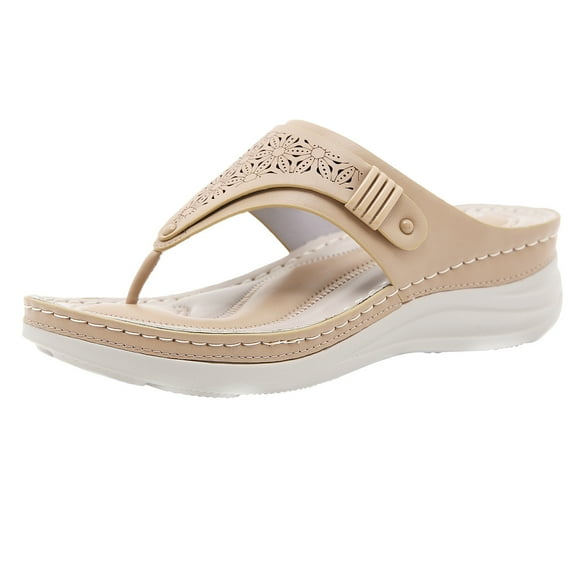 JeashCHAT Sandals for Women, Slide Sandals Women's Round Toe Fashion Flip-Toe Comfortable Slope heel Large Size Sandals (Beige)