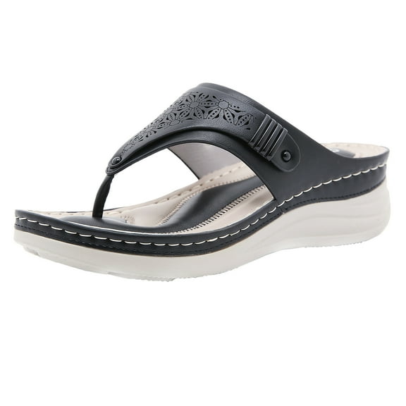 JeashCHAT Sandals for Women, Slide Sandals Women's Round Toe Fashion Flip-Toe Comfortable Slope heel Large Size Sandals (Black)