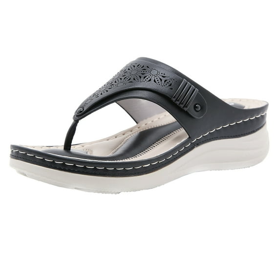 JeashCHAT Sandals for Women, Slide Sandals Women's Round Toe Fashion Flip-Toe Comfortable Slope heel Large Size Sandals (Black)