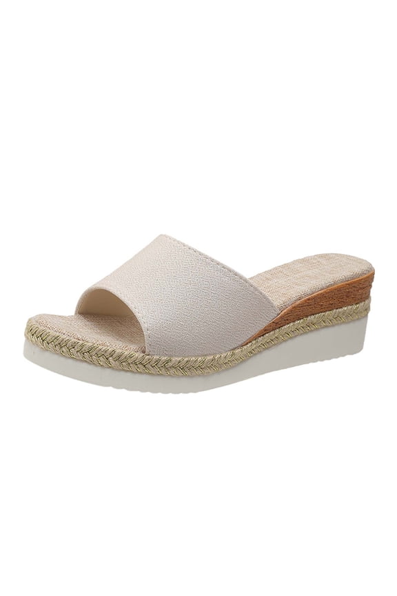 Sandals for Women, Slide Sandals Womens Summer Fashion Casual Slippers Open Toe Thick Bottom Flax Slippers (Beige)