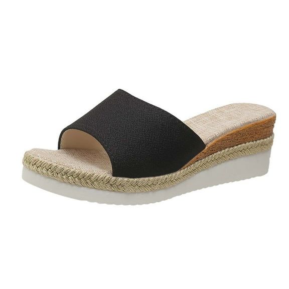 JeashCHAT Sandals for Women, Slide Sandals Womens Summer Fashion Casual Slippers Open Toe Thick Bottom Flax Slippers (Black)