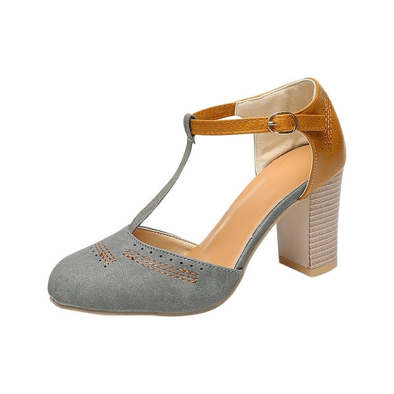 JeashCHAT Women's Chunky Block Heels Round Closed Toe Ankle Strap Heeled Sandals T Strap Cut-Out Dress Pump