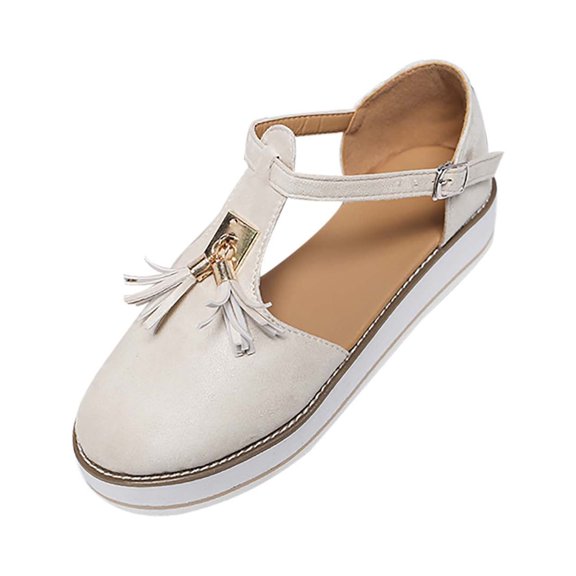 JeashCHAT Women's Platform Sandals Tassel Closed Toe T-Strap Flatform Shoes Buckle Ankle Strap Casual Sandal Comfortable