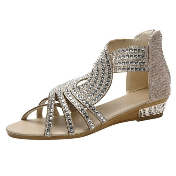 Clearance JeashCHAT Women's Rhinestones Flat Sandals Fashion Dresssy Low Wedge Summer Sandals Open Toe Back Zipper Sandals for Party Wedding