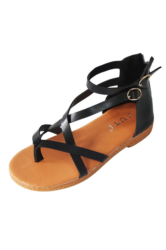 Womens Gladiator Sandals Summer Flat Thong Cross Strappy Sandals Trendy Roman Shoes with Adjustable Buckle Ankle Strap