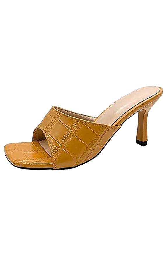 Womens Heeled Sandals Square Toe Single Strap Open Toe Slip On Mules Slide Sandals Stiletto Heels