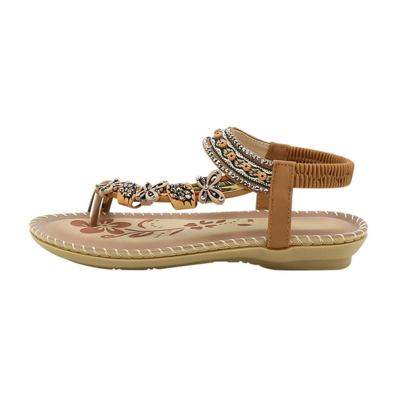 Clearance JeashCHAT Womens Sandals Toe Ring Flat Sandals Comfortable Bohemian Beaded Dressy Summer Flat Casual Ankle Elastic Slip On Beach Sandals