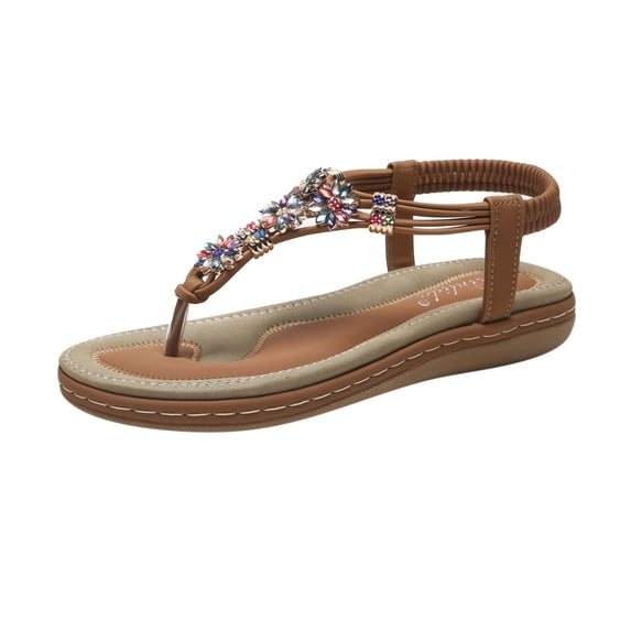 JeashCHAT Womens Thong Sandals Dressy Flat Sandals Summer Comfortable Elastic Ankle Strap Boho Crystal Flowers Slip On Beach Sandal Flip Flops