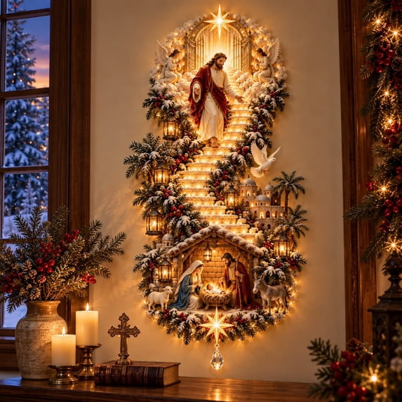 Clearance! Jesus Light of Heaven Christmas Hanging Wall Decor, Lighted Nativity LED Christmas Light, Christmas Ornaments for Living Room Entryway Fireplace