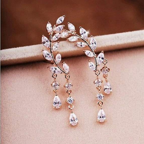 Jewelry VerPetridure 1Pair Women Crystal Rhinestone Leaves Tassel Ear Stud Earrings Rose Gold