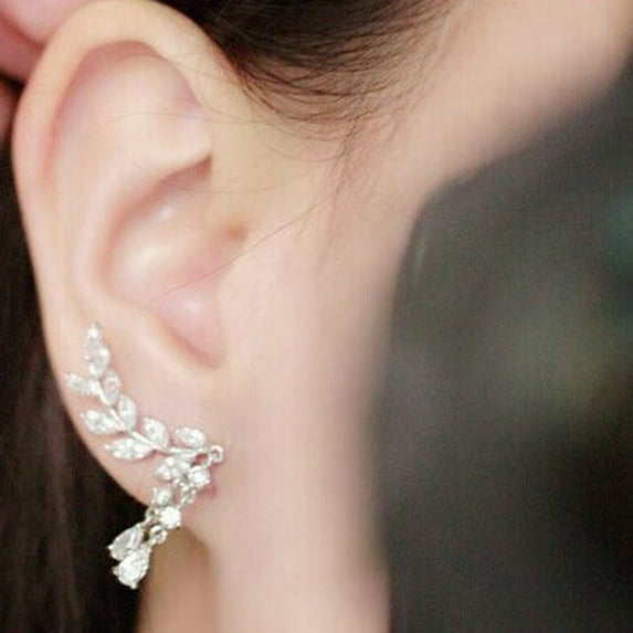 Jewelry VerPetridure 1Pair Women Crystal Rhinestone Leaves Tassel Ear Stud Earrings Silver