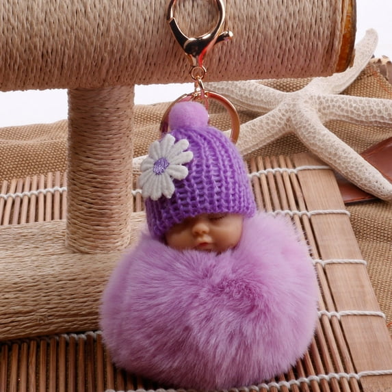 Jewelry VerPetridure Cute Fur Fluffy PomPom Sleeping Baby Doll Key Chains Keyrings Bags Charm Pendant
