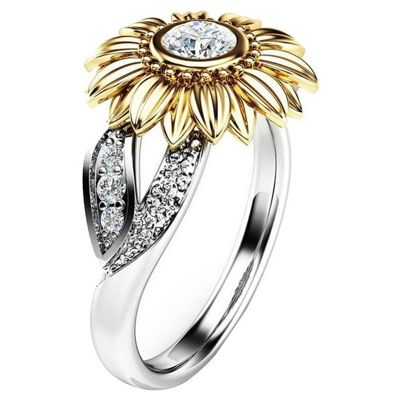 Jewelry VerPetridure Exquisite Women's Two Tone Silver Floral Ring Round Gold Sunflower Jewel