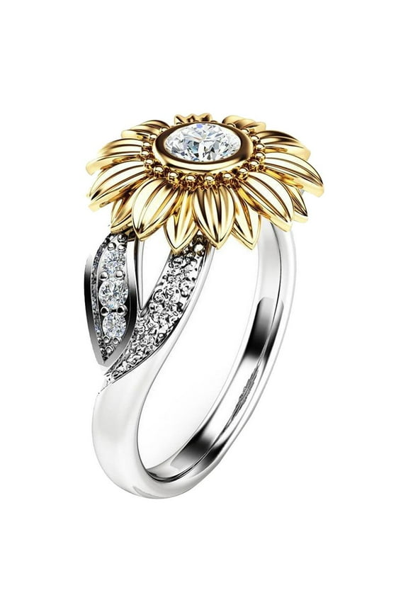 Jewelry VerPetridure Exquisite Women's Two Tone Silver Floral Ring Round Gold Sunflower Jewel
