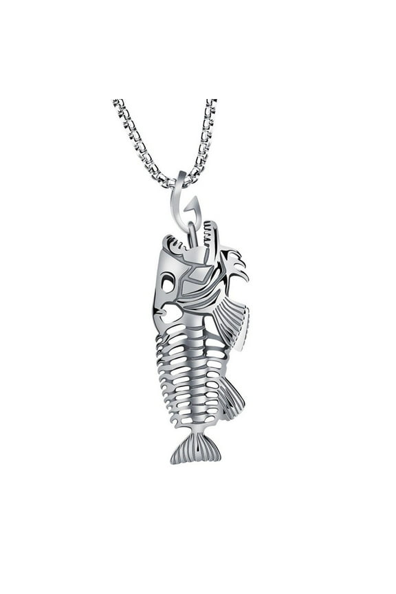 Jewelry VerPetridure Fish Bone & Fishing Hook Skeleton Stainless Steel Pendant Surfer Chain Necklace