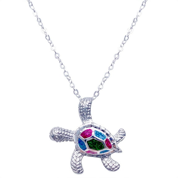 Jewelry VerPetridure Sea Turtle Ocean Blue Fire Opal Inlay Silver Jewelry Necklace