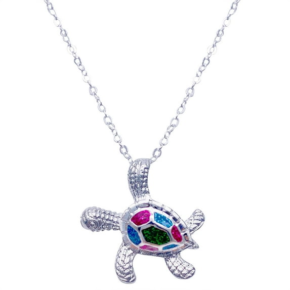 Jewelry VerPetridure Sea Turtle Ocean Blue Fire Opal Inlay Silver Jewelry Necklace